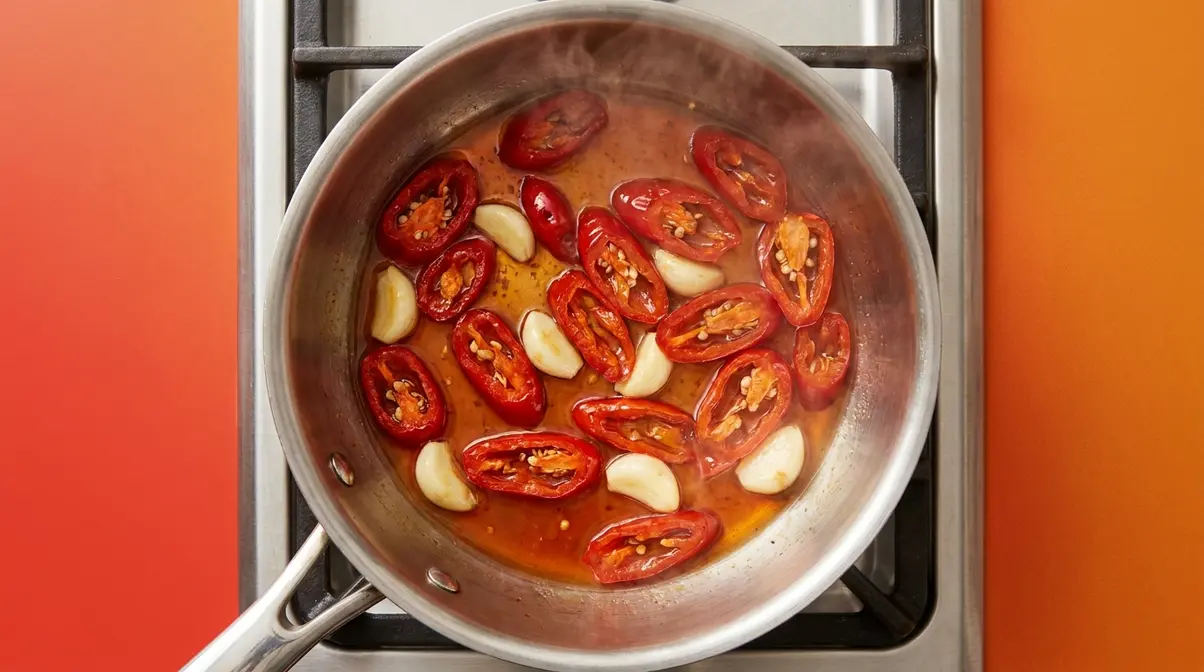 Homemade Hot Sauce Recipe: 5 Steps, Under 45 Minutes 6 Fresh chili peppers and garlic simmering in saucepan for homemade hot sauce recipe