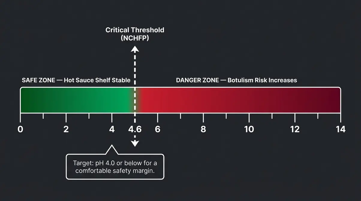 Homemade Hot Sauce Recipe: 5 Steps, Under 45 Minutes 11 pH safety chart for homemade hot sauce showing safe zone below 4.6 and danger zone above