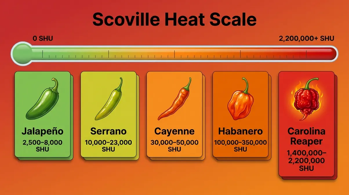 Homemade Hot Sauce Recipe: 5 Steps, Under 45 Minutes 4 Scoville heat scale infographic showing five common hot sauce peppers from jalapeño to Carolina Reaper