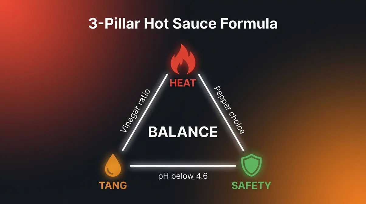 Homemade Hot Sauce Recipe: 5 Steps, Under 45 Minutes 8 3-Pillar Hot Sauce Formula triangle diagram showing heat tang and safety balance