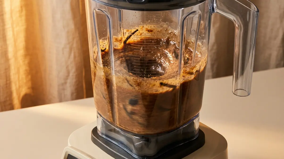 Homemade Vanilla Bean Paste: Easy 5-Step Recipe 6 High-speed blender running on high processing dark vanilla bean paste mixture into smooth consistency
