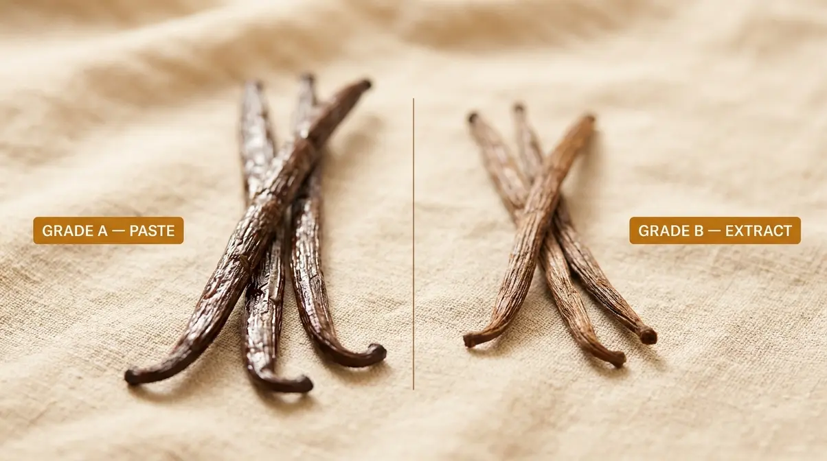 Homemade Vanilla Bean Paste: Easy 5-Step Recipe 4 Grade A vs Grade B vanilla beans side-by-side comparison showing plumpness and moisture differences for vanilla paste