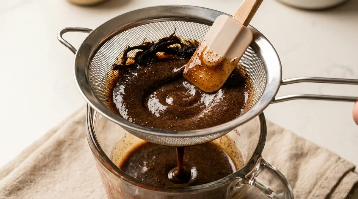 Homemade Vanilla Bean Paste: Easy 5-Step Recipe 7 Pressing homemade vanilla bean paste through fine-mesh sieve into glass jar to achieve smooth silky texture