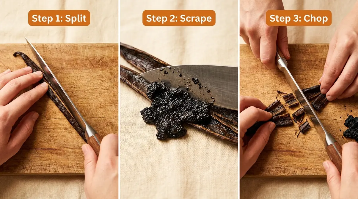 Homemade Vanilla Bean Paste: Easy 5-Step Recipe 5 Three-step vanilla bean prep process showing splitting, scraping caviar, and chopping pods for homemade vanilla paste
