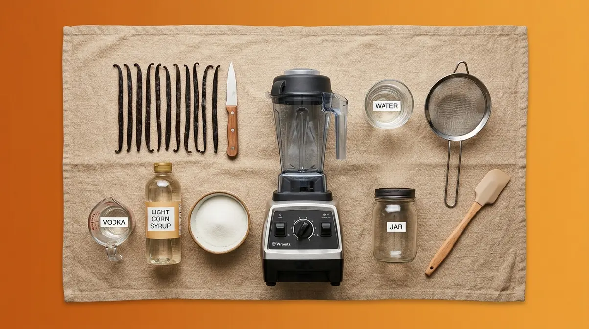Homemade Vanilla Bean Paste: Easy 5-Step Recipe 2 Ingredients and equipment for homemade vanilla bean paste including vanilla beans, vodka, corn syrup, blender, and glass jar