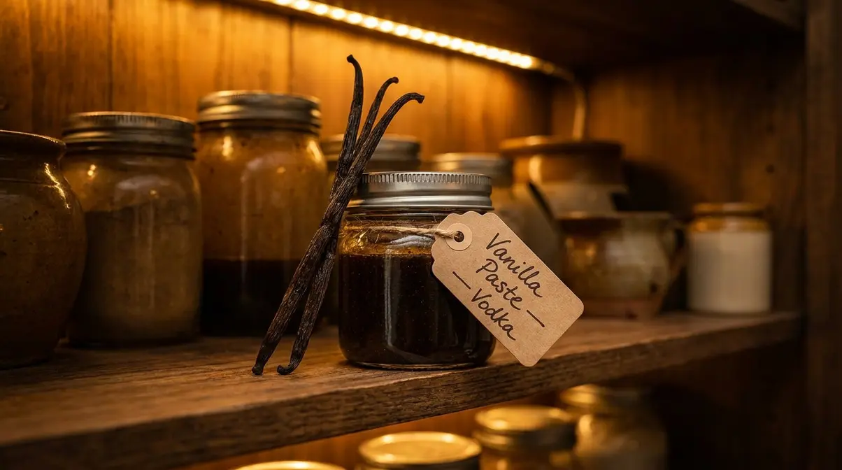 Homemade Vanilla Bean Paste: Easy 5-Step Recipe 8 Labeled glass jar of homemade vanilla bean paste sealed and stored on cool dark pantry shelf for up to 12 months
