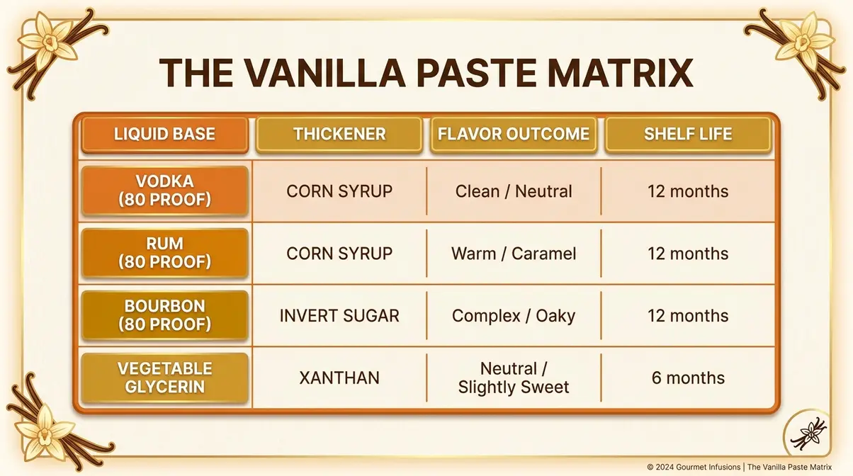Homemade Vanilla Bean Paste: Easy 5-Step Recipe 3 The Vanilla Paste Matrix decision grid showing liquid base and thickener combinations with flavor and shelf life outcomes
