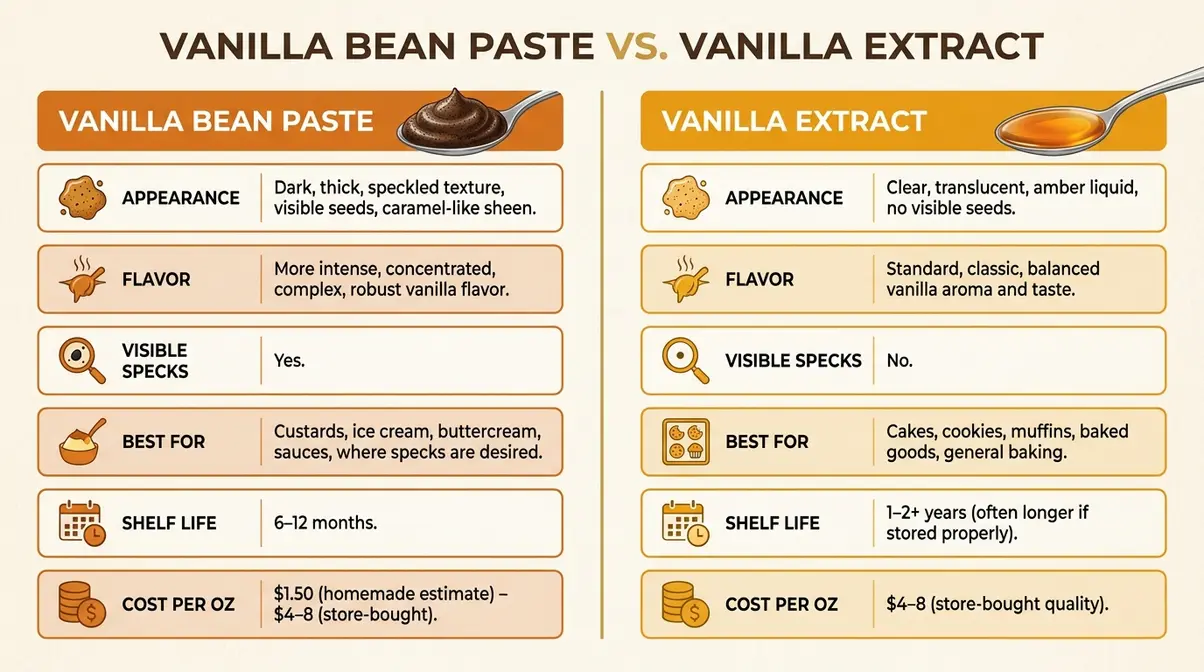 Homemade Vanilla Bean Paste: Easy 5-Step Recipe 9 Vanilla bean paste vs vanilla extract comparison infographic showing appearance, flavor, uses, shelf life, and cost differences