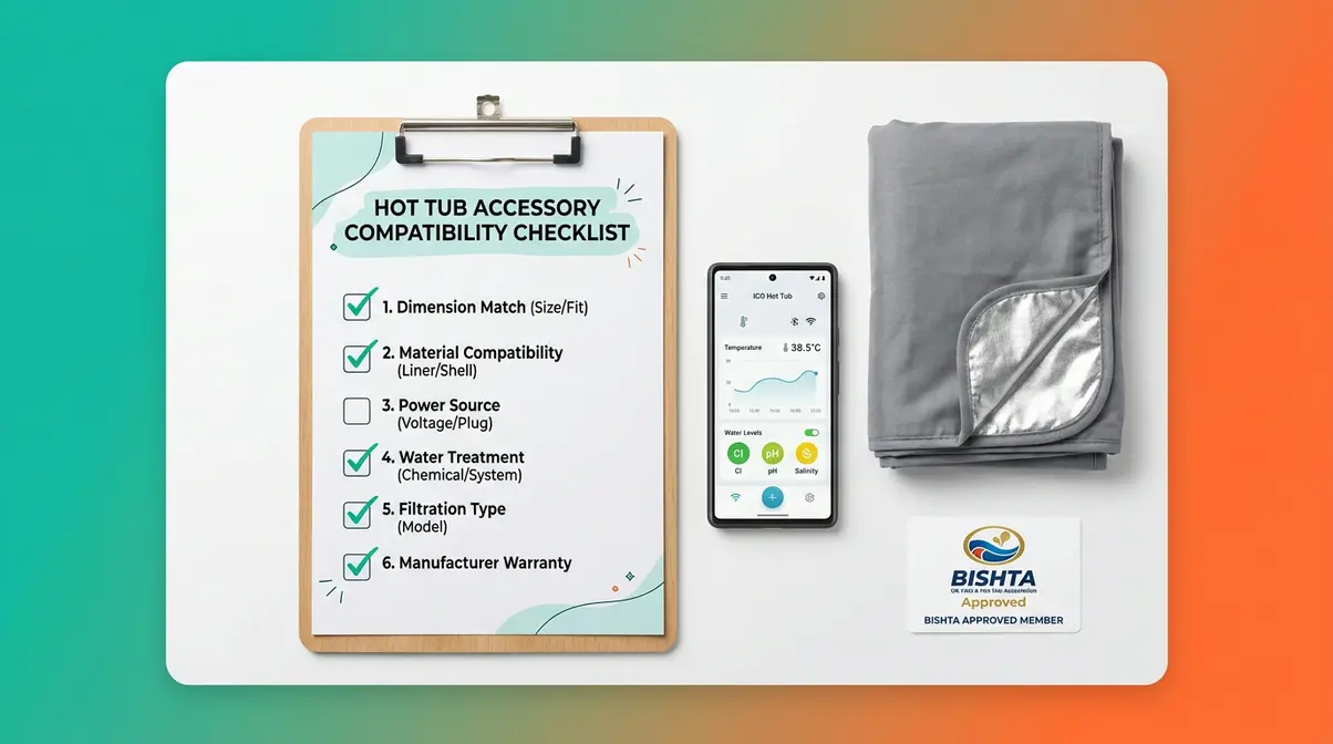 Hot tub accessories buying guide with compatibility checklist, Wi-Fi water monitor, floating thermal blanket, and BISHTA approval card