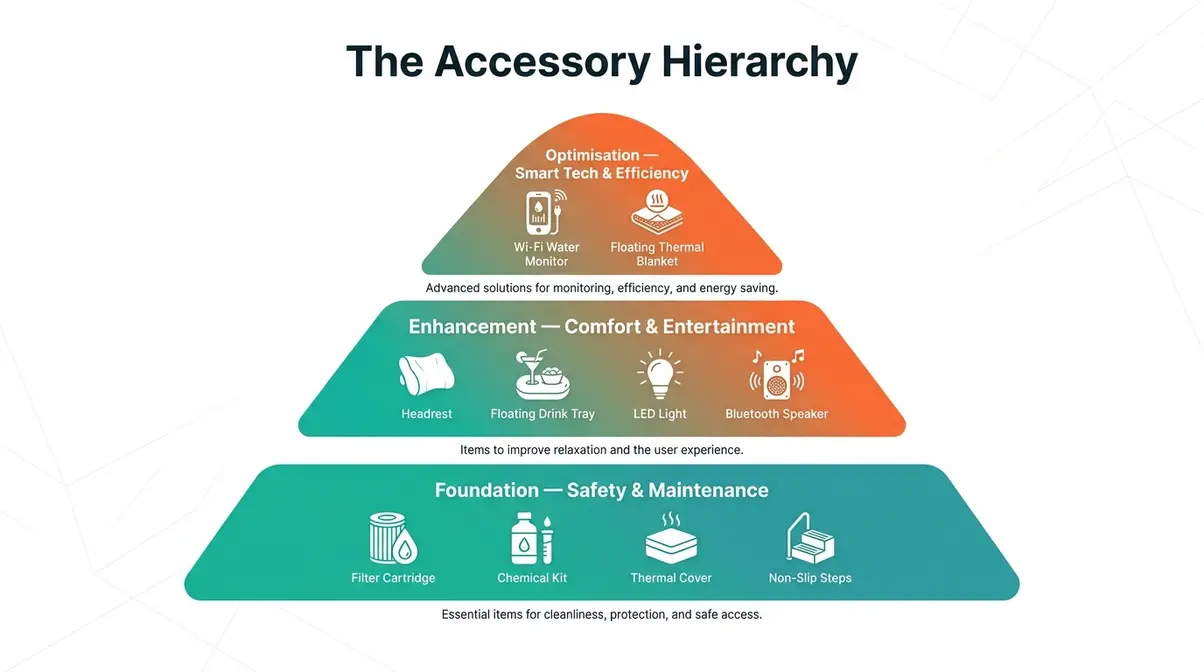 Hot tub accessory hierarchy infographic showing three tiers: Foundation maintenance, Enhancement comfort, Optimisation smart tech for UK owners