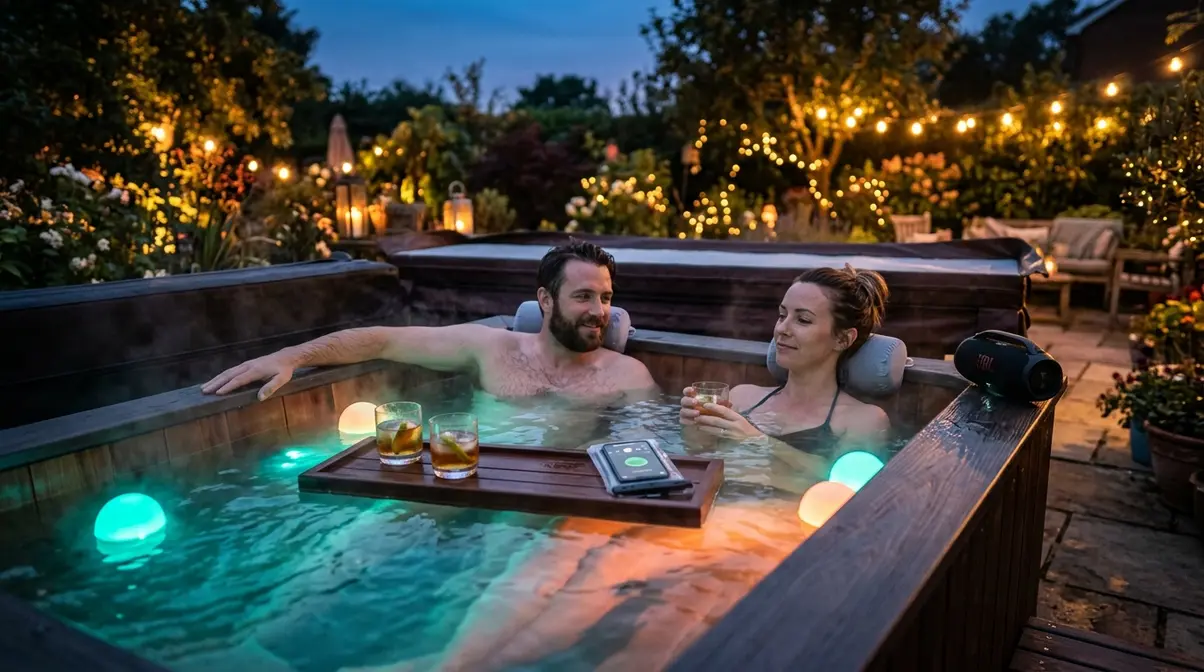 Hot tub comfort accessories including headrests, floating drink tray, LED lights, and Bluetooth speaker in evening use