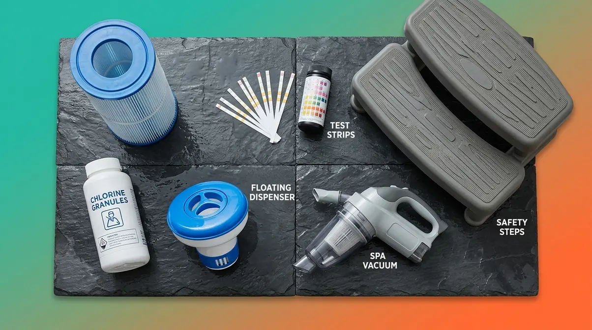 Hot tub maintenance accessories including filter cartridge, chemical kit, test strips, spa vacuum, and non-slip steps