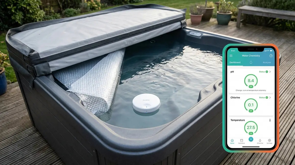 Hot tub smart tech accessories including Wi-Fi water monitor floating in spa and floating thermal blanket for energy efficiency