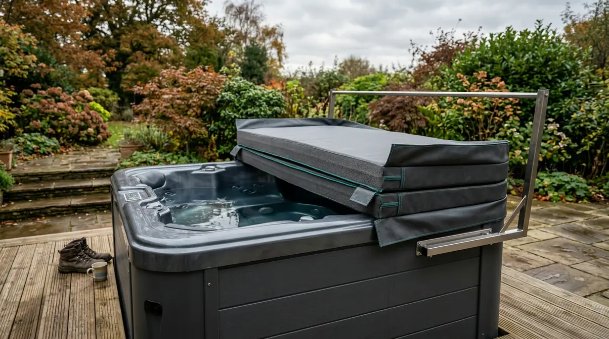 Hot tub thermal cover folded back on a cover lifter beside a rigid acrylic spa on UK garden decking