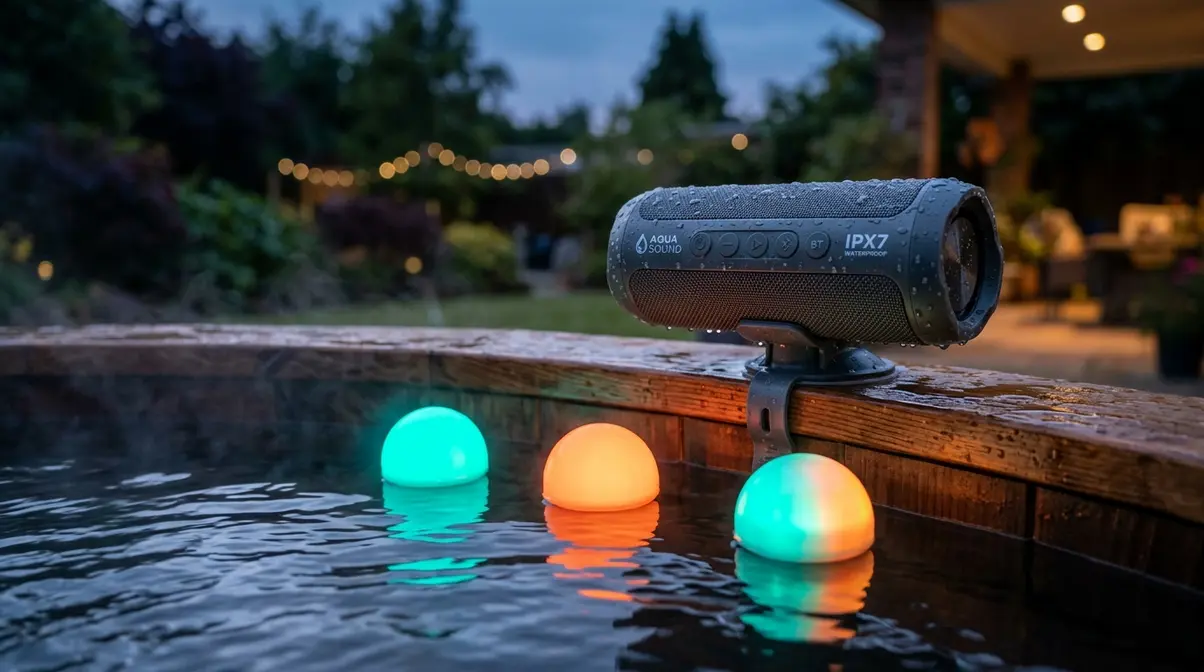 Waterproof Bluetooth speaker mounted on hot tub rim with colour-changing LED floating lights on water surface