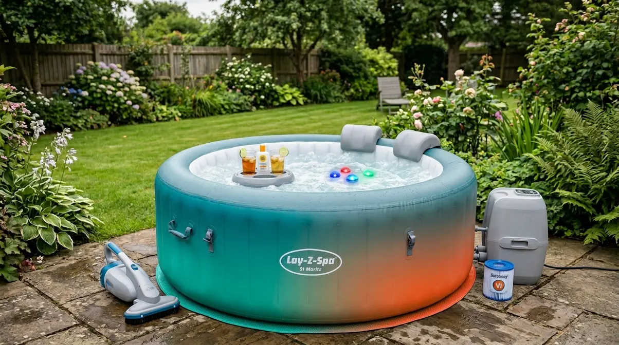 Inflatable Lay-Z-Spa hot tub with compatible accessories including suction headrests, floating tray, filter cartridge, and LED lights