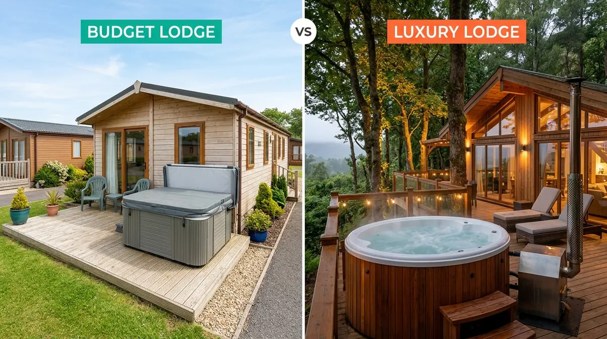 Side-by-side comparison of budget holiday park lodge hot tub versus luxury private lodge hot tub in UK