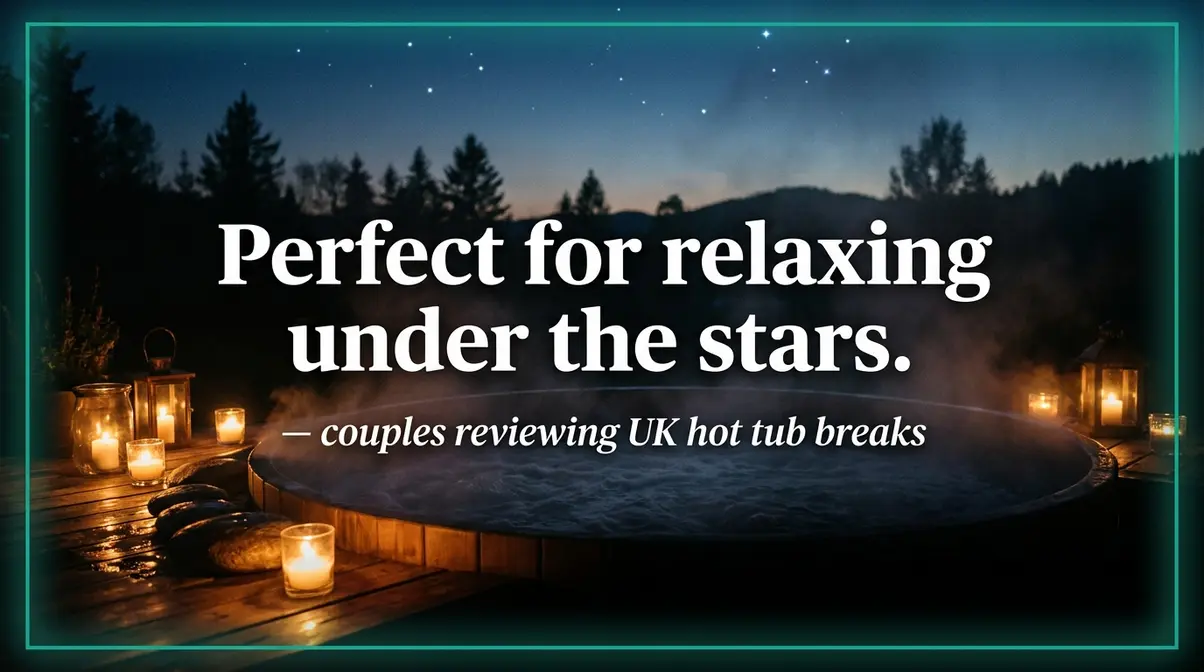 Quote graphic reading perfect for relaxing under the stars over a twilight hot tub scene for UK couples breaks