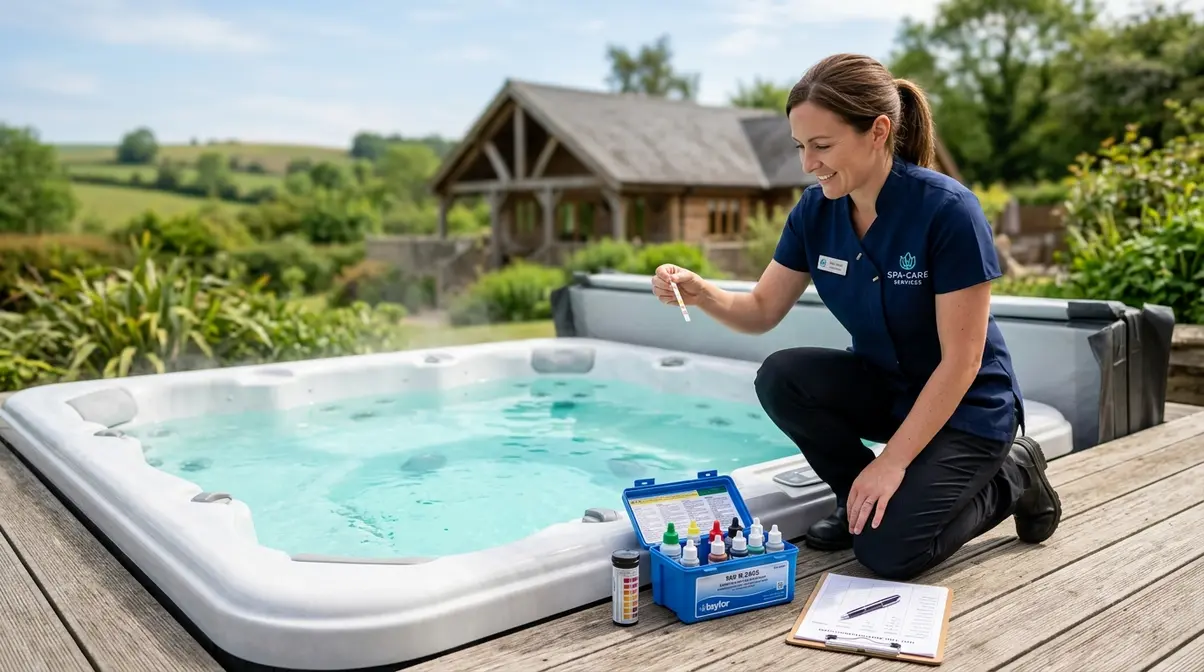 Hot tub water safety testing with chemical kit at a UK holiday lodge property