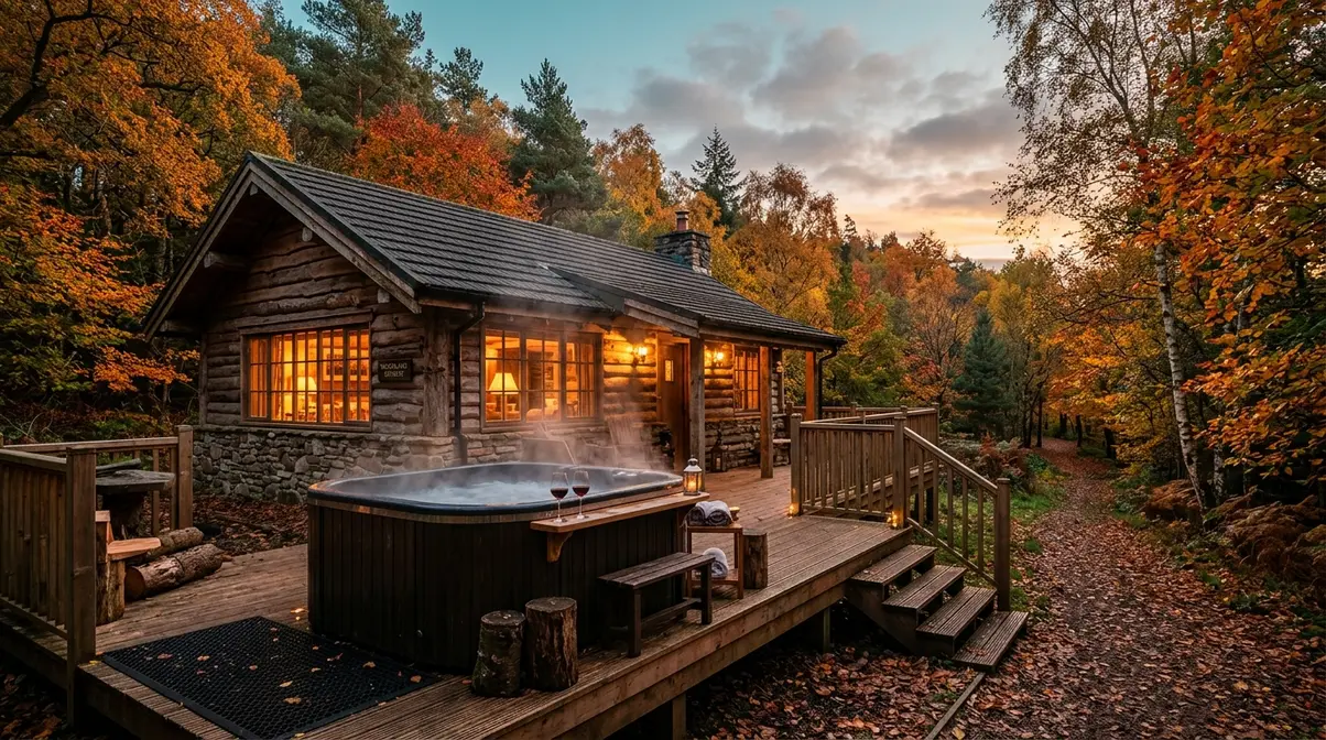 Rustic log cabin in UK woodland with private hot tub steaming on the decking