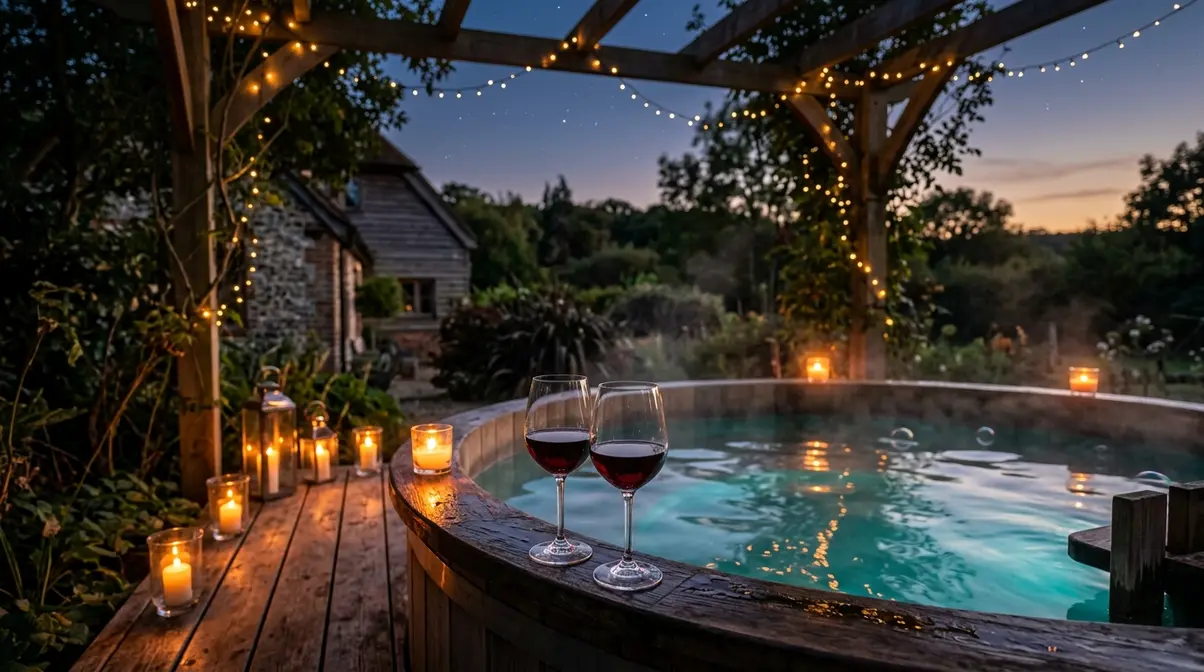 Romantic private hot tub setting at dusk with candles and fairy lights at a UK couples retreat