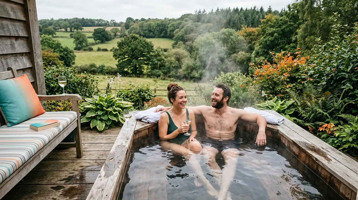 Couple relaxing in a private outdoor hot tub at a UK self-catering holiday property