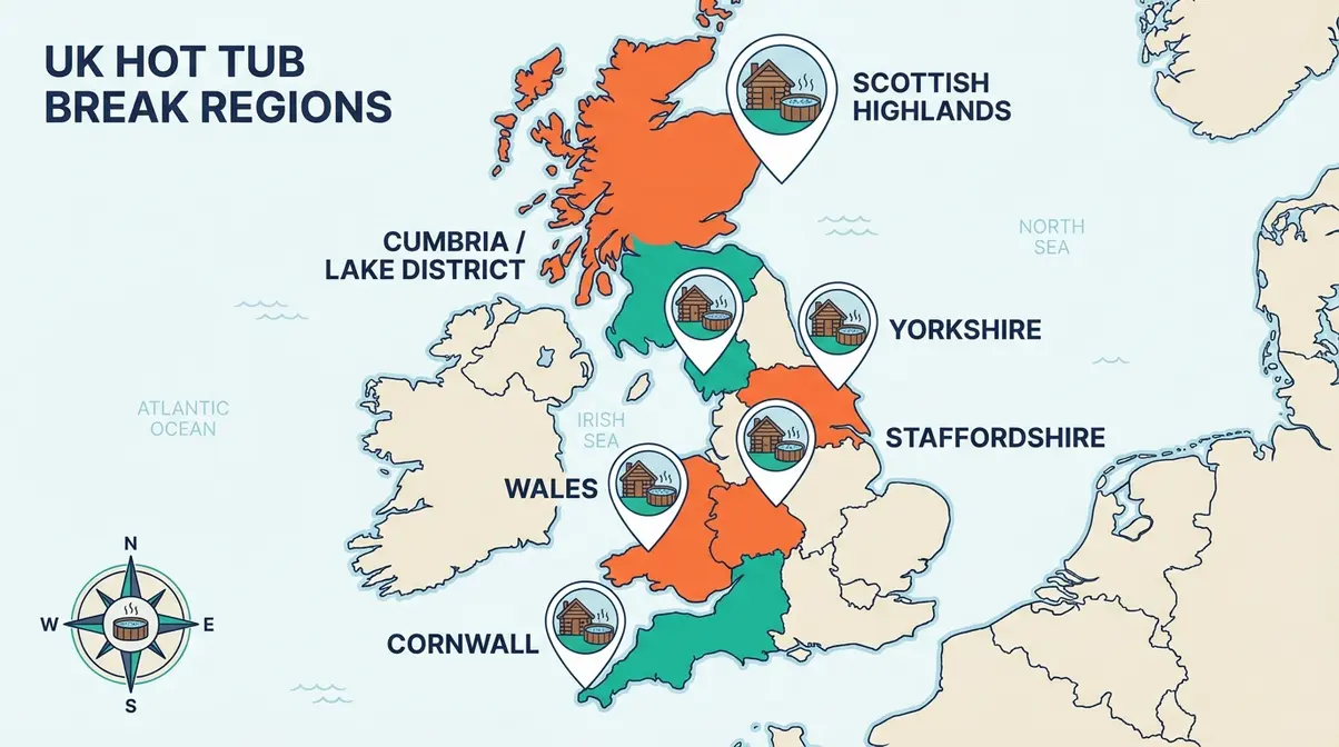 Illustrated map of top UK regions for log cabin hot tub breaks including Cumbria, Staffordshire, and Scotland