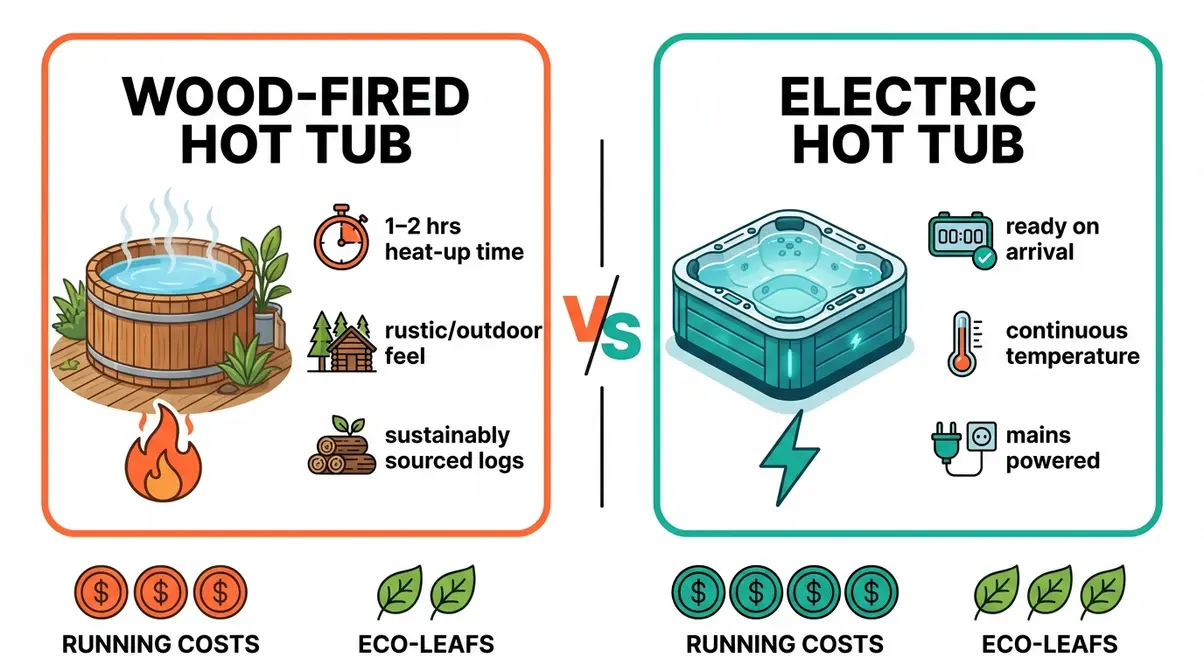 Infographic comparing wood-fired and electric hot tubs showing heat-up time and running costs for UK breaks