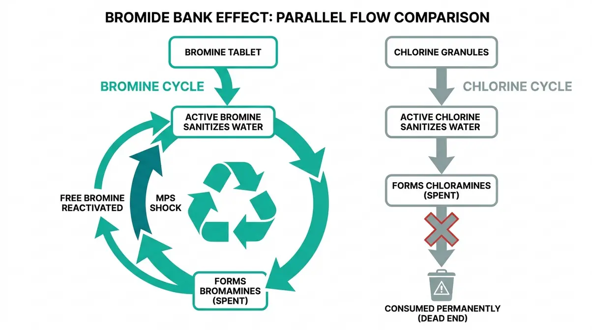 Hot Tub Bromine vs Chlorine: Which Wins in 2026? 15 Diagram showing bromine forming bromamines then MPS shock reactivating the bromide bank versus chlorine consumed permanently