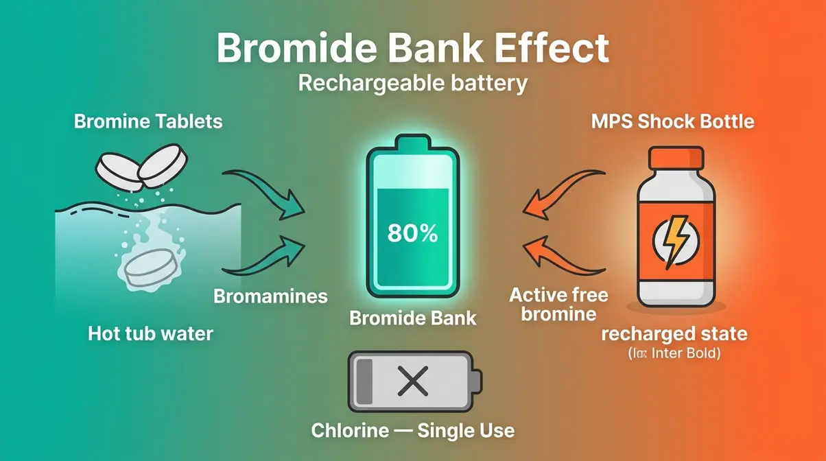 Hot Tub Bromine vs Chlorine: Which Wins in 2026? 14 Bromide bank effect illustration showing bromine recharging cycle versus chlorine single-use consumption in hot tubs