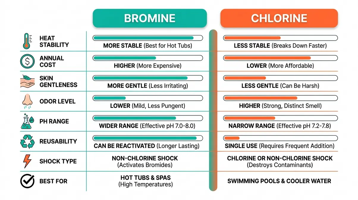 Hot Tub Bromine vs Chlorine: Which Wins in 2026? 11 Hot tub bromine vs chlorine comparison infographic showing cost, heat stability, skin gentleness, and odor ratings