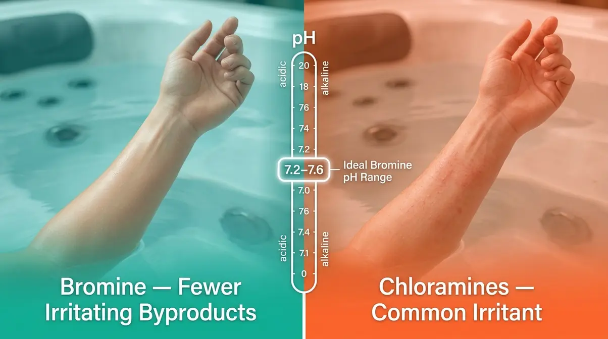 Hot Tub Bromine vs Chlorine: Which Wins in 2026? 12 Bromine versus chlorine skin safety comparison showing fewer irritating byproducts with bromine for sensitive skin soakers