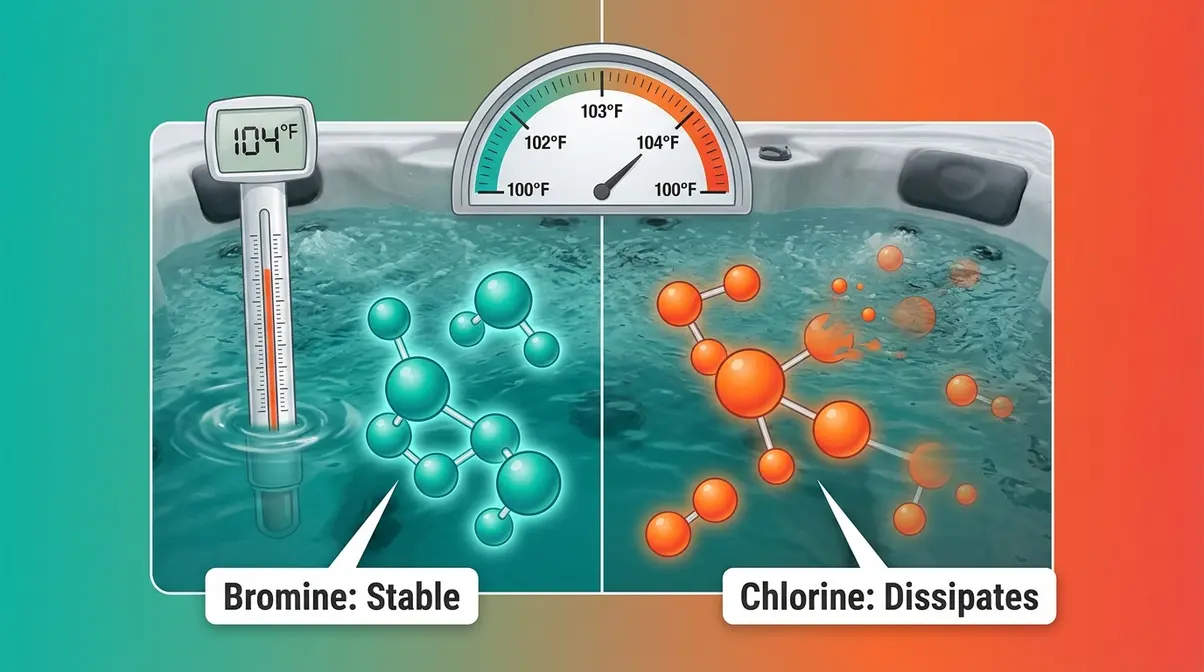 Hot Tub Bromine vs Chlorine: Which Wins in 2026? 10 Bromine versus chlorine heat stability comparison in hot tub water at 100 to 104 degrees Fahrenheit