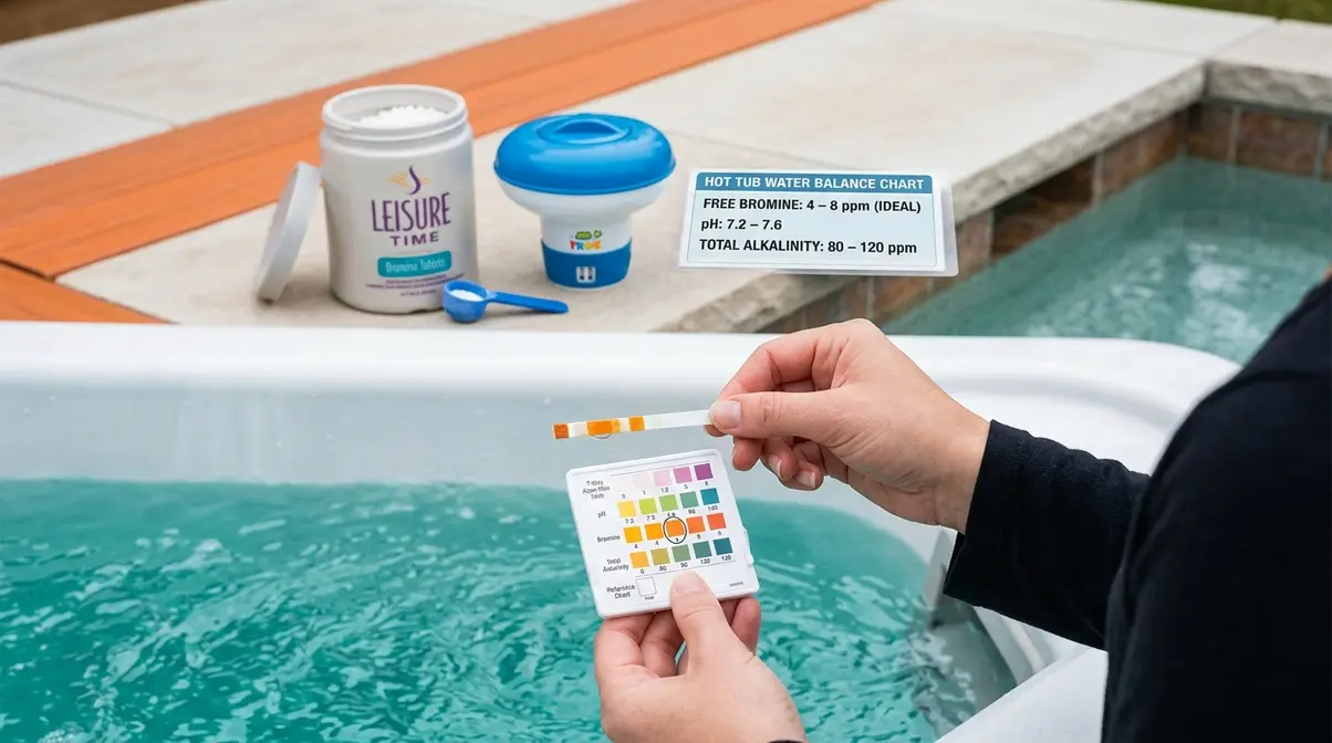 Hot Tub Bromine vs Chlorine: Which Wins in 2026? 18 Testing hot tub bromine levels with test strip showing target range of 4 to 8 ppm alongside sodium bromide