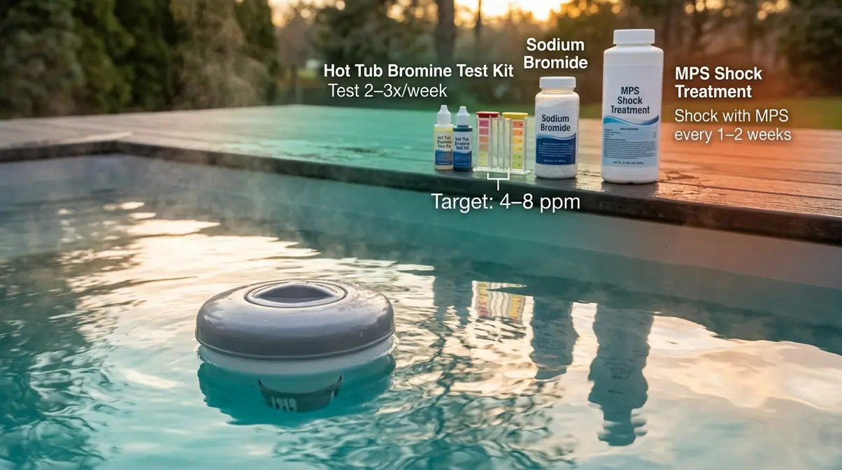 Hot Tub Bromine vs Chlorine: Which Wins in 2026? 17 Hot tub bromine maintenance routine showing floating dispenser, test strips, and MPS shock on spa deck