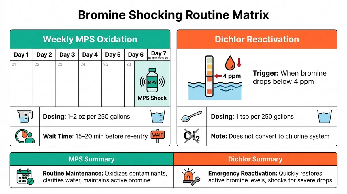 Hot Tub Bromine vs Chlorine: Which Wins in 2026? 20 Weekly and monthly bromine shocking schedule comparing MPS oxidation and dichlor reactivation timing for hot tubs