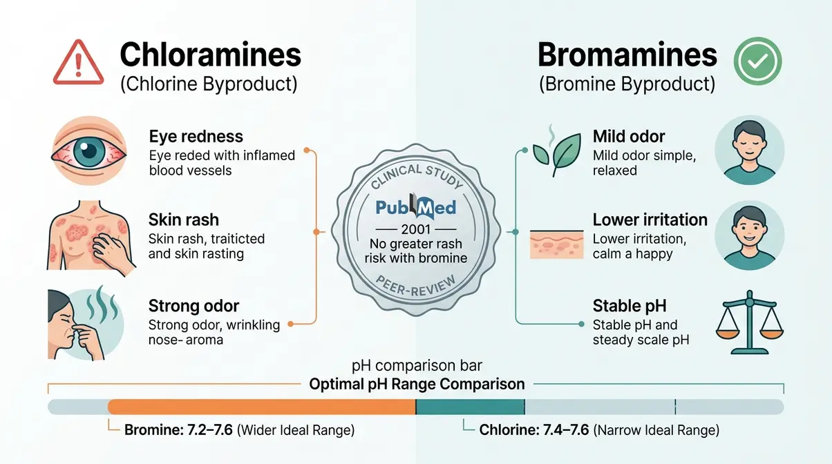Hot Tub Bromine vs Chlorine: Which Wins in 2026? 16 Research comparison of chloramines versus bromamines showing skin irritation differences for hot tub users