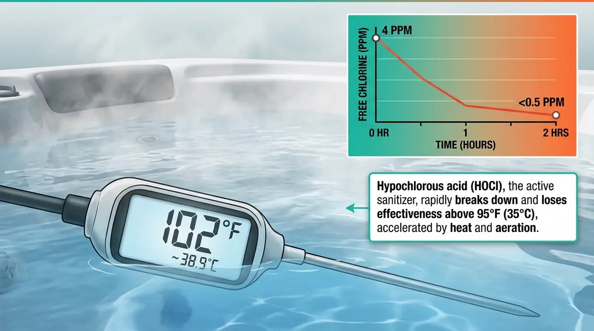 Hot Tub Bromine vs Chlorine: Which Wins in 2026? 13 Hot tub thermometer at 102 degrees showing chlorine level degradation over two hours in heated water