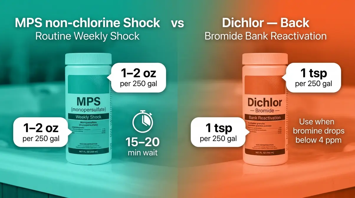 Hot Tub Bromine vs Chlorine: Which Wins in 2026? 19 MPS non-chlorine shock versus dichlor shock comparison for hot tub bromine maintenance and bromide bank reactivation