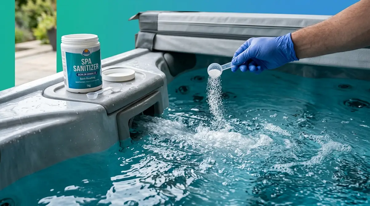 Adding dichlor chlorine granules to hot tub water near jet return with jets running