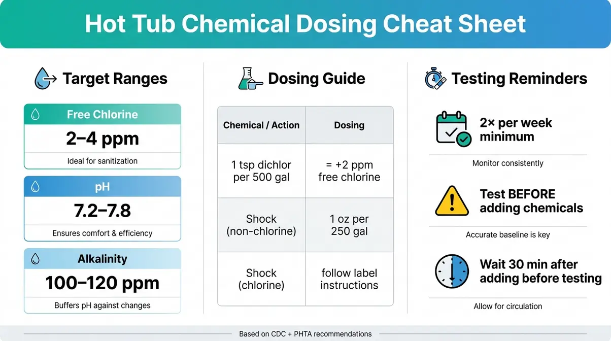 Hot tub chemical dosing cheat sheet showing chlorine pH alkalinity targets and dosing reference guide
