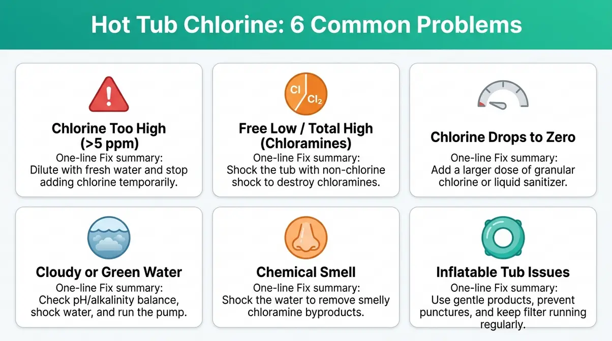 Hot tub chlorine six common problems overview showing high chlorine cloudy water and chloramine issues