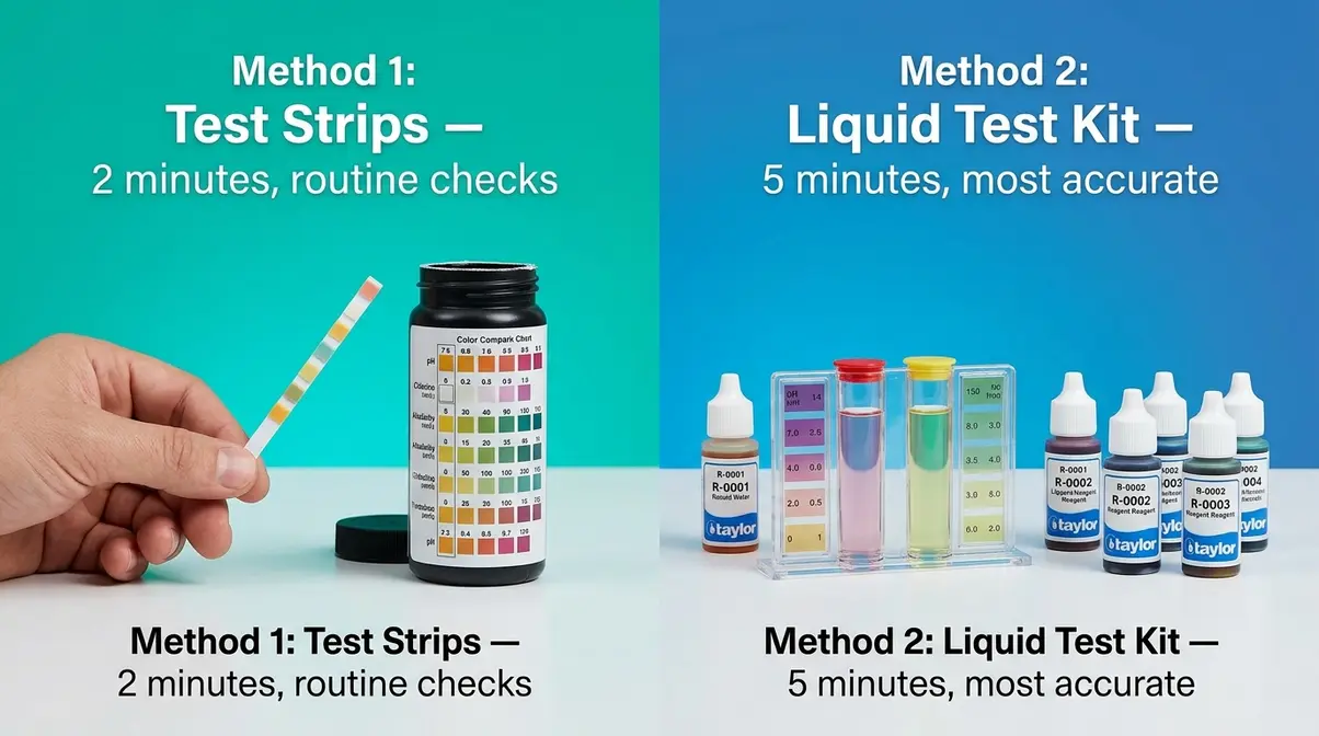 Hot tub chlorine testing methods comparison showing test strips and liquid test kit side by side