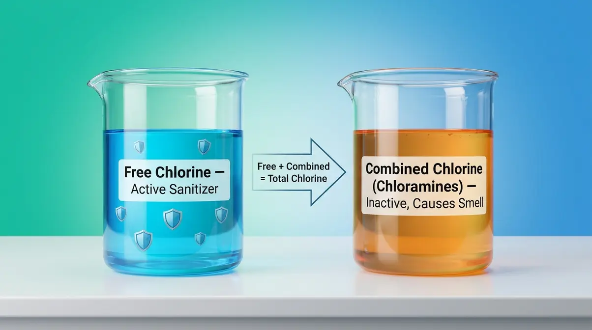 Hot tub free chlorine versus combined chlorine beaker illustration showing active and inactive sanitizer