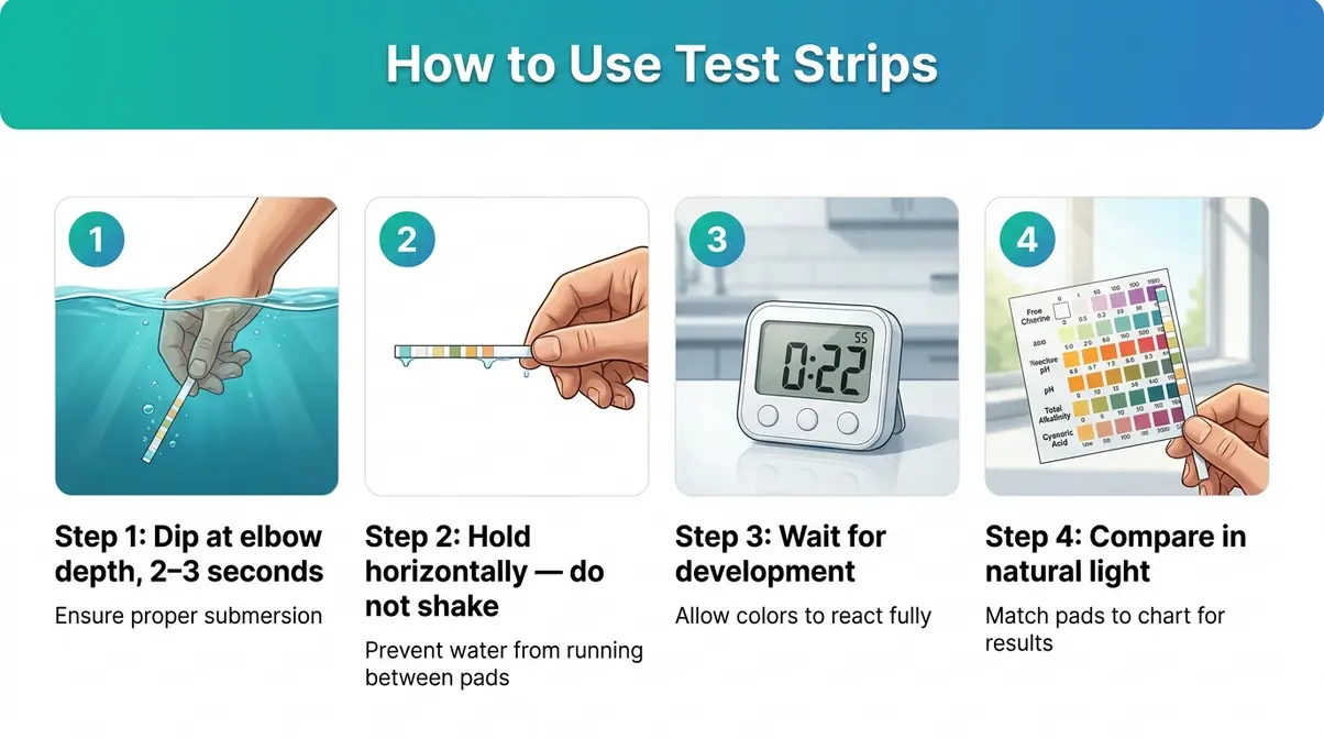 Hot tub chlorine levels test strip method step by step correct dipping and reading technique