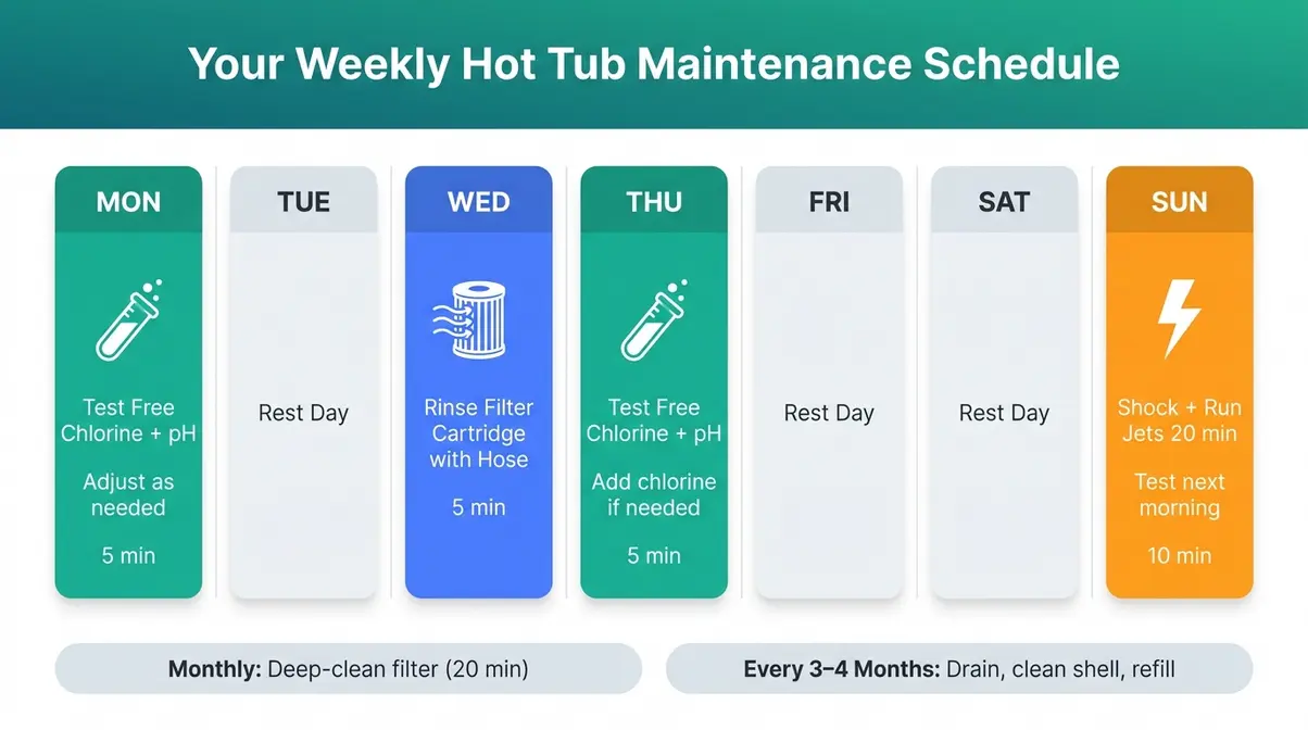 Weekly hot tub maintenance schedule showing chlorine testing and shock routine across seven days