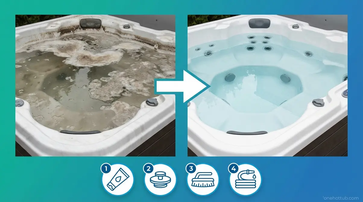 Best Hot Tub Cleaners (2026): Products, Deep Clean Guide 3 Hot tub deep cleaning Bio-Reset Protocol showing before biofilm expulsion and after clean sparkling water result