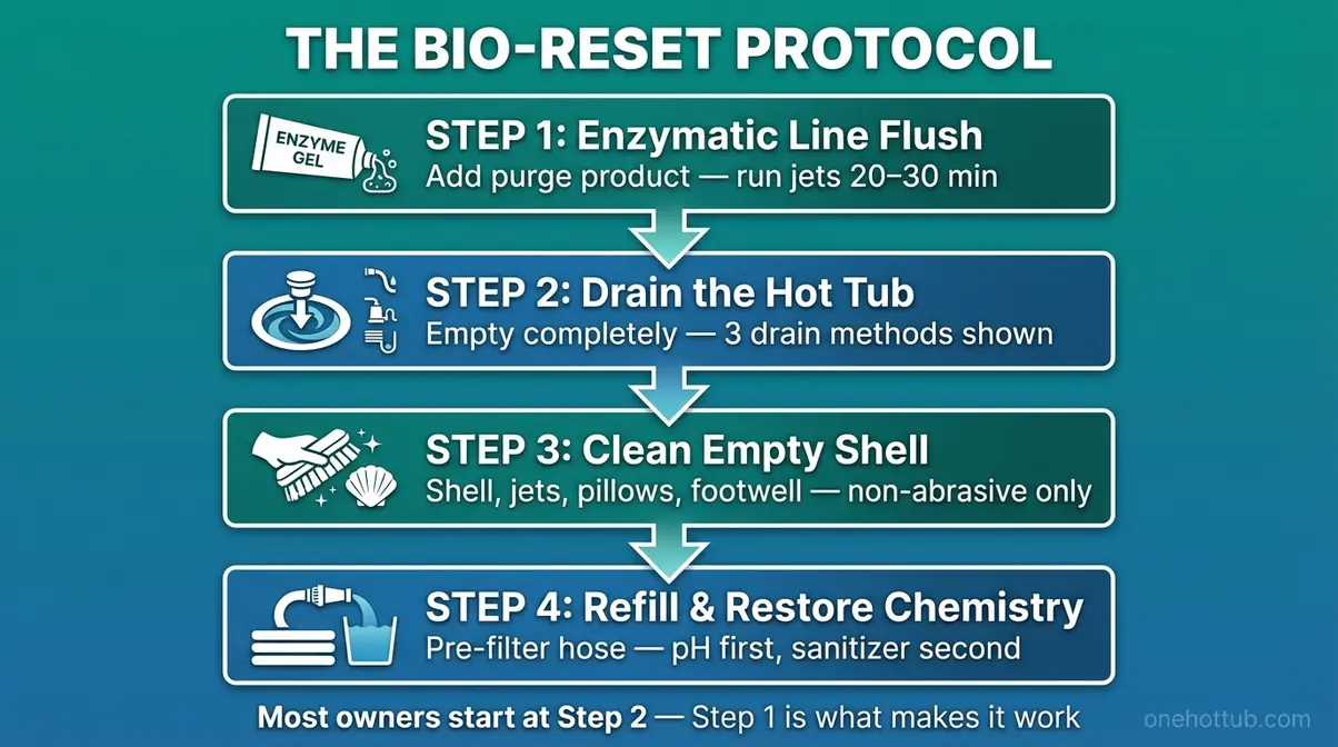 Best Hot Tub Cleaners (2026): Products, Deep Clean Guide 4 Hot tub cleaners Bio-Reset Protocol 4-step deep cleaning flowchart showing flush purge drain restore sequence