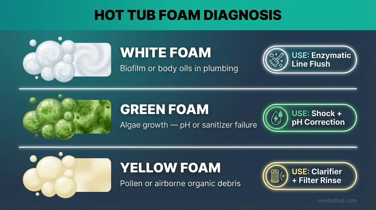 Best Hot Tub Cleaners (2026): Products, Deep Clean Guide 5 Hot tub foam diagnosis infographic showing white foam means biofilm, green means algae, yellow means pollen