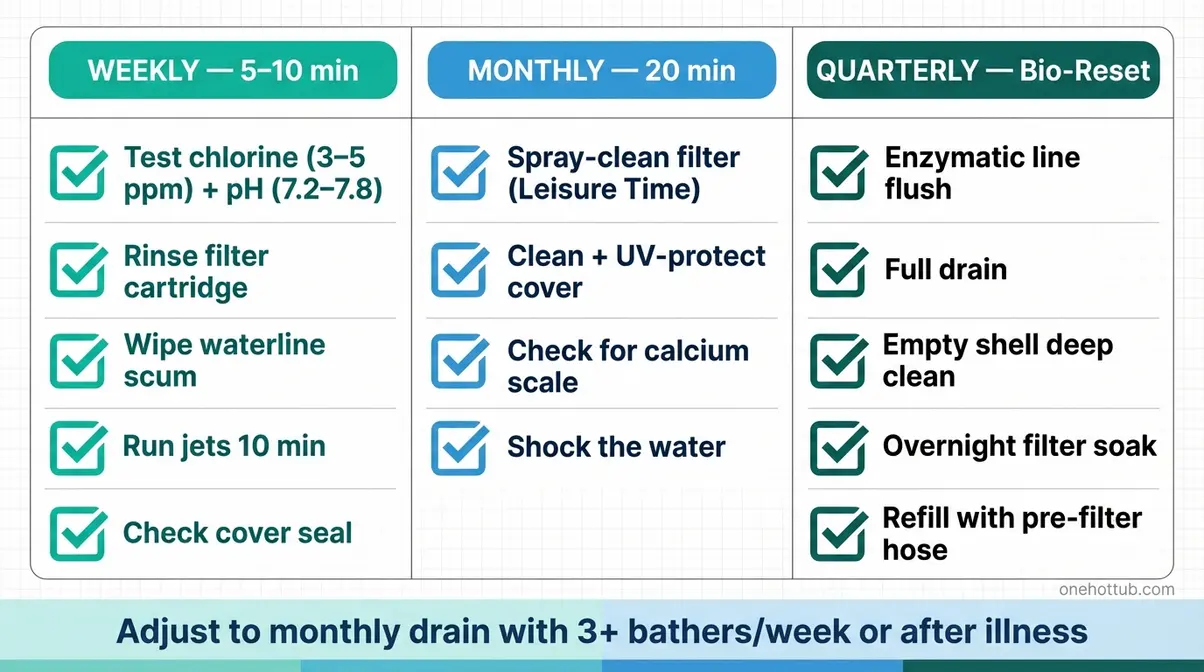 Best Hot Tub Cleaners (2026): Products, Deep Clean Guide 10 Hot tub quarterly maintenance schedule infographic showing weekly, monthly, and quarterly cleaning task checklists